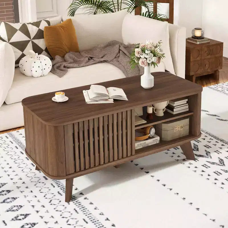 Table basse Costway avec rangement, étagères réglables et 2 portes, table basse en bois