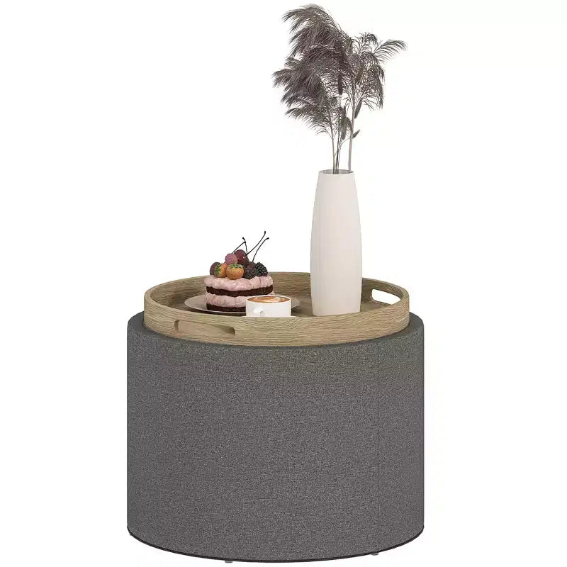 Table basse de rangement HOMCOM avec plateau rabattable et espace caché, repose-pieds rond avec revêtement en tissu aspect lin