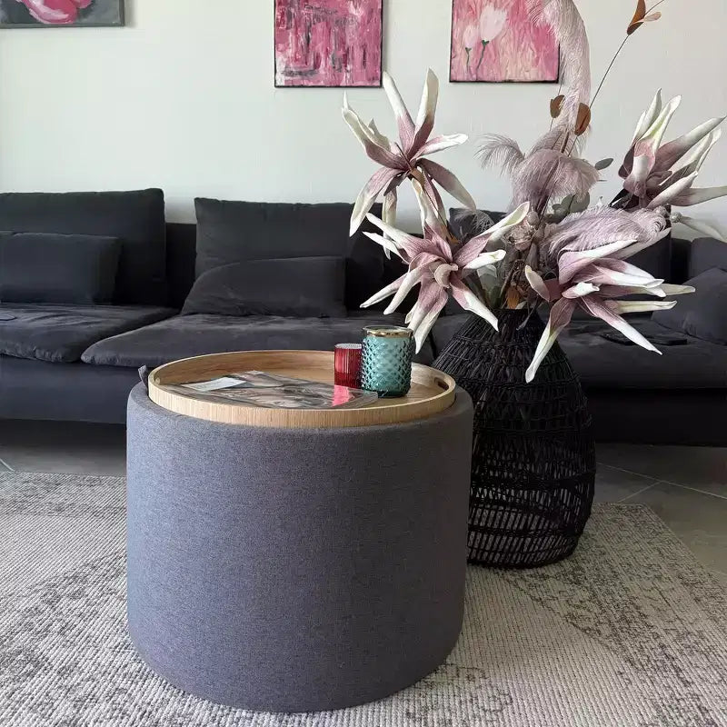 Table basse de rangement HOMCOM avec plateau rabattable et espace caché, repose-pieds rond avec revêtement en tissu aspect lin