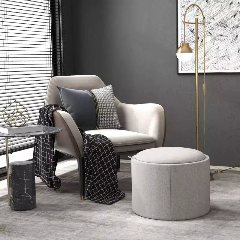 Table basse de rangement HOMCOM avec plateau rabattable et espace caché, repose-pieds rond avec revêtement en tissu aspect lin