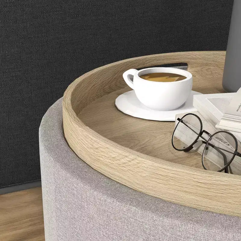 Table basse de rangement HOMCOM avec plateau rabattable et espace caché, repose-pieds rond avec revêtement en tissu aspect lin
