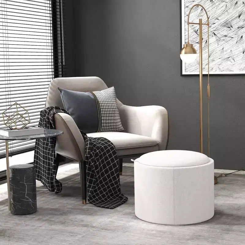Table basse de rangement HOMCOM avec plateau rabattable et espace caché, repose-pieds rond avec revêtement en tissu aspect lin