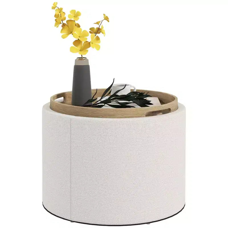 Table basse de rangement HOMCOM avec plateau rabattable et espace caché, repose-pieds rond avec revêtement en tissu aspect lin