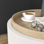 Table basse de rangement HOMCOM avec plateau rabattable et espace caché, repose-pieds rond avec revêtement en tissu aspect lin