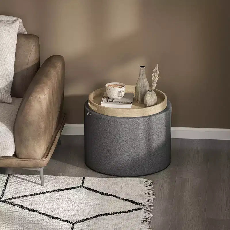 Table basse de rangement HOMCOM avec plateau rabattable et espace caché, repose-pieds rond avec revêtement en tissu aspect lin