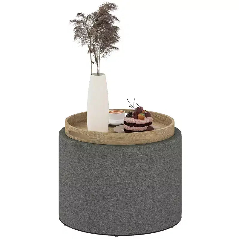 Table basse de rangement HOMCOM avec plateau rabattable et espace caché, repose-pieds rond avec revêtement en tissu aspect lin