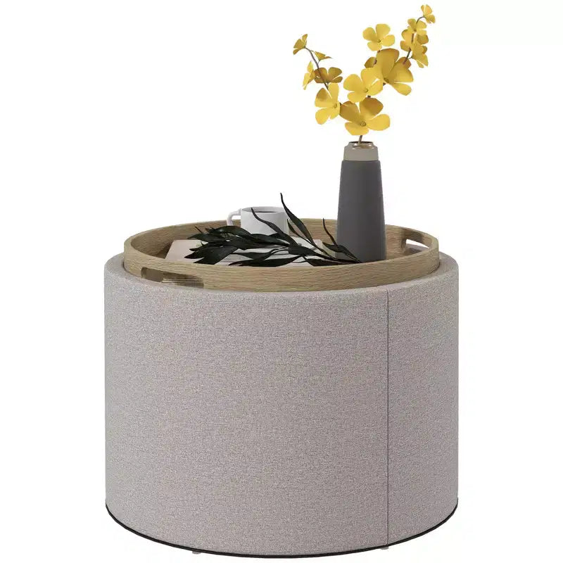 Table basse de rangement HOMCOM avec plateau rabattable et espace caché, repose-pieds rond avec revêtement en tissu aspect lin