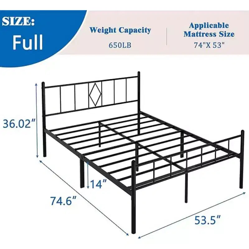 Base de lit plateforme en métal classique pleine grandeur de 35,56 cm de haut avec tête de lit/pied de lit en fer forgé/rangement sous le lit