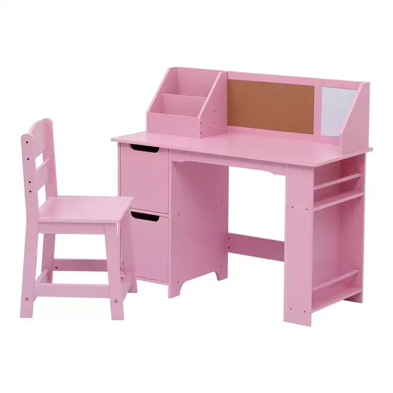 Ensemble bureau et chaise d'étude pour enfants, table d'apprentissage scolaire en bois avec rangement, étagère supérieure et tableau d'affichage