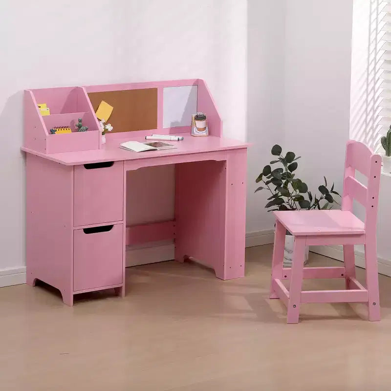 Ensemble bureau et chaise d'étude pour enfants, table d'apprentissage scolaire en bois avec rangement, étagère supérieure et tableau d'affichage
