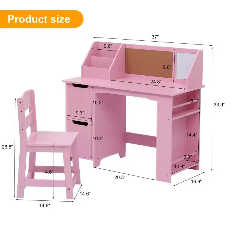 Ensemble bureau et chaise d'étude pour enfants, table d'apprentissage scolaire en bois avec rangement, étagère supérieure et tableau d'affichage