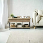 Table basse relevable avec compartiments cachés et étagère de rangement, 49,7 x 99,0 x (48,0-61,0) cm, table d'appoint relevable pour salon, bureau