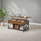 Table basse relevable avec compartiments cachés et étagère de rangement, 49,7 x 99,0 x (48,0-61,0) cm, table d'appoint relevable pour salon, bureau
