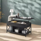 Table basse relevable avec compartiments cachés et étagère de rangement, 49,7 x 99,0 x (48,0-61,0) cm, table d'appoint relevable pour salon, bureau