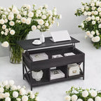 Table basse relevable avec compartiments cachés et étagère de rangement, 49,7 x 99,0 x (48,0-61,0) cm, table d'appoint relevable pour salon, bureau