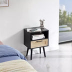 Table d'appoint en rotin MAYEERTY, Table de chevet moderne avec tiroir et pieds en bois massif, Table d'appoint pour salon, chambre à coucher, Noir