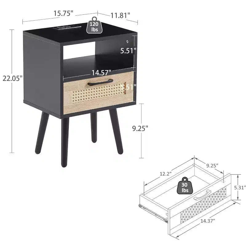 Table d'appoint en rotin MAYEERTY, Table de chevet moderne avec tiroir et pieds en bois massif, Table d'appoint pour salon, chambre à coucher, Noir