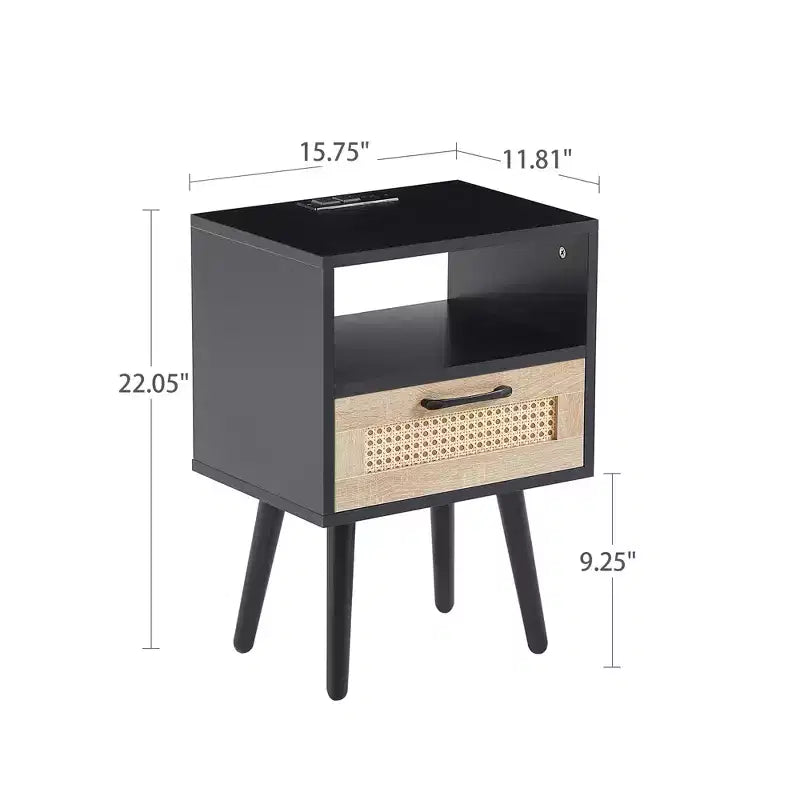 Table d'appoint en rotin MAYEERTY, Table de chevet moderne avec tiroir et pieds en bois massif, Table d'appoint pour salon, chambre à coucher, Noir