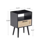 Table d'appoint en rotin MAYEERTY, Table de chevet moderne avec tiroir et pieds en bois massif, Table d'appoint pour salon, chambre à coucher, Noir