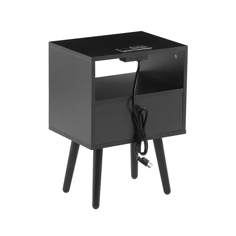 Table d'appoint en rotin MAYEERTY, Table de chevet moderne avec tiroir et pieds en bois massif, Table d'appoint pour salon, chambre à coucher, Noir
