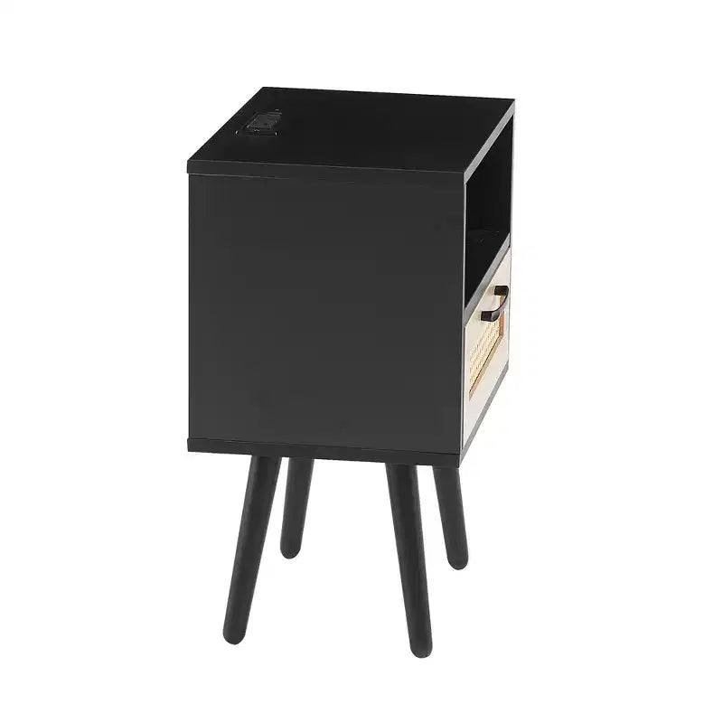Table d'appoint en rotin MAYEERTY, Table de chevet moderne avec tiroir et pieds en bois massif, Table d'appoint pour salon, chambre à coucher, Noir