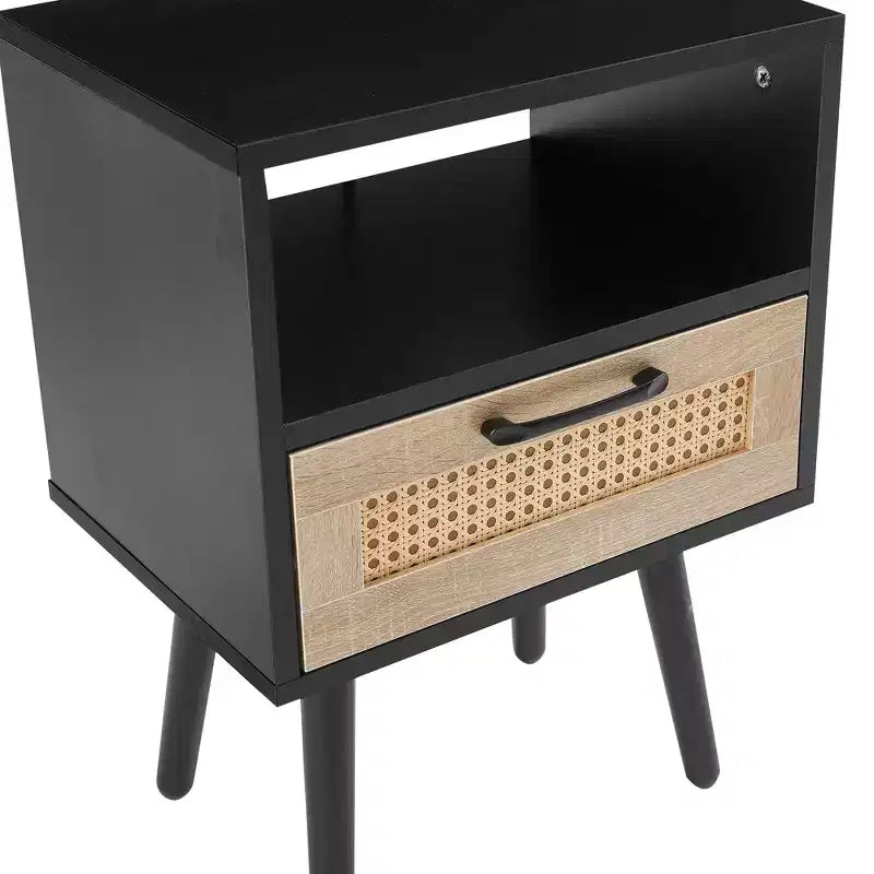 Table d'appoint en rotin MAYEERTY, Table de chevet moderne avec tiroir et pieds en bois massif, Table d'appoint pour salon, chambre à coucher, Noir