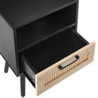 Table d'appoint en rotin MAYEERTY, Table de chevet moderne avec tiroir et pieds en bois massif, Table d'appoint pour salon, chambre à coucher, Noir
