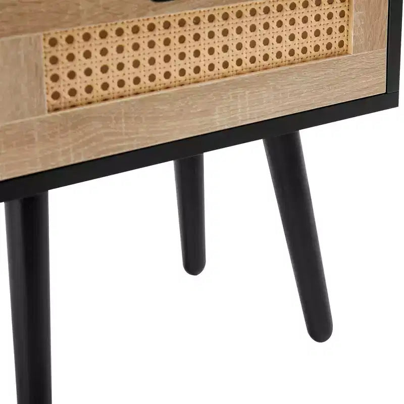 Table d'appoint en rotin MAYEERTY, Table de chevet moderne avec tiroir et pieds en bois massif, Table d'appoint pour salon, chambre à coucher, Noir