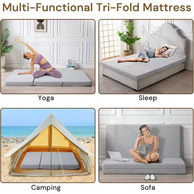 Wellos Matelas en mousse à mémoire de forme à gel, ferme, antidérapant, portable, tripliable, 4 plis