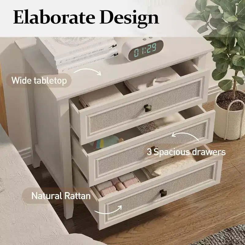 Commode Heynemo pour chambre à coucher, commode haute bohème avec 3 tiroirs décorés en rotin, commode en bois moderne pour placard, entrée