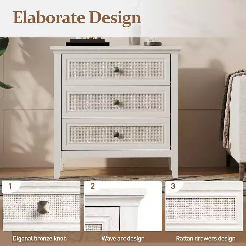 Commode Heynemo pour chambre à coucher, commode haute bohème avec 3 tiroirs décorés en rotin, commode en bois moderne pour placard, entrée