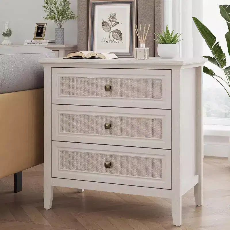 Commode Heynemo pour chambre à coucher, commode haute bohème avec 3 tiroirs décorés en rotin, commode en bois moderne pour placard, entrée