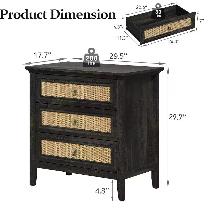 Commode Heynemo pour chambre à coucher, commode haute bohème avec 3 tiroirs décorés en rotin, commode en bois moderne pour placard, entrée