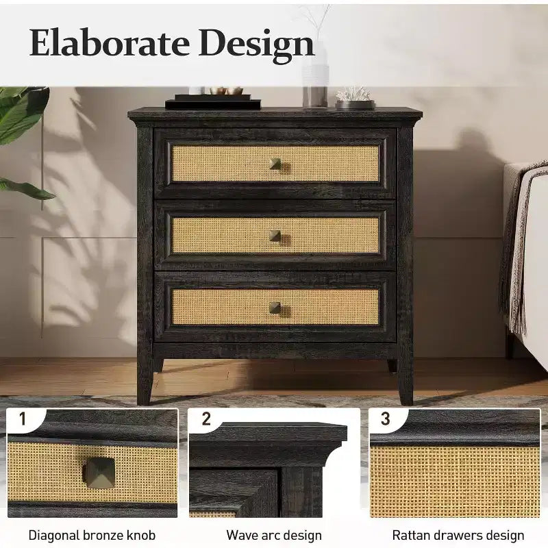 Commode Heynemo pour chambre à coucher, commode haute bohème avec 3 tiroirs décorés en rotin, commode en bois moderne pour placard, entrée