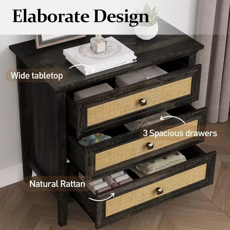 Commode Heynemo pour chambre à coucher, commode haute bohème avec 3 tiroirs décorés en rotin, commode en bois moderne pour placard, entrée