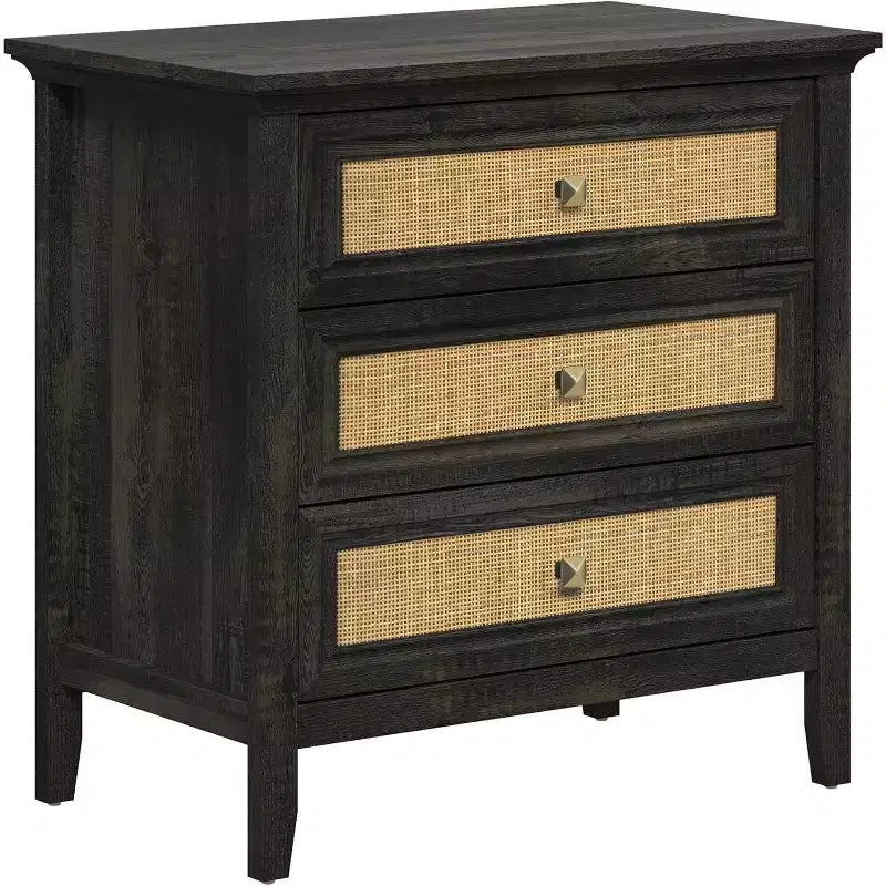 Commode Heynemo pour chambre à coucher, commode haute bohème avec 3 tiroirs décorés en rotin, commode en bois moderne pour placard, entrée