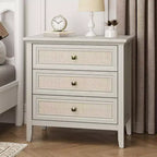 Commode Heynemo pour chambre à coucher, commode haute bohème avec 3 tiroirs décorés en rotin, commode en bois moderne pour placard, entrée
