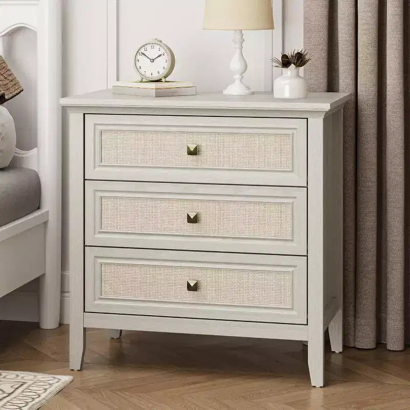 Commode Heynemo pour chambre à coucher, commode haute bohème avec 3 tiroirs décorés en rotin, commode en bois moderne pour placard, entrée