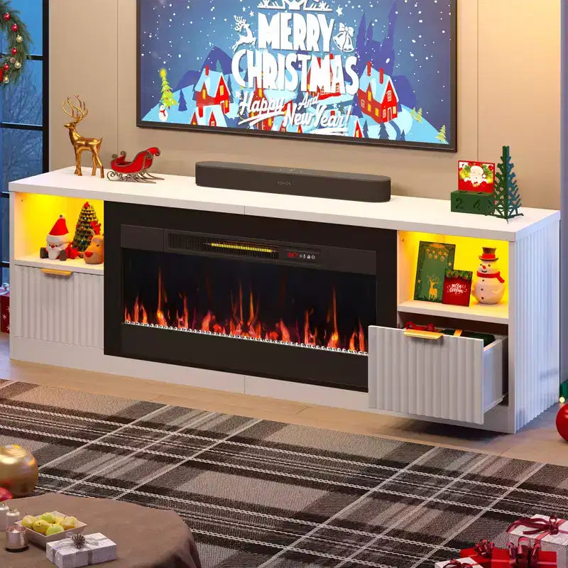 Meuble TV Bestier 70 pour cheminée cannelée brillante avec cheminée de 36 po et lumières DEL, centre de divertissement moderne avec armoires