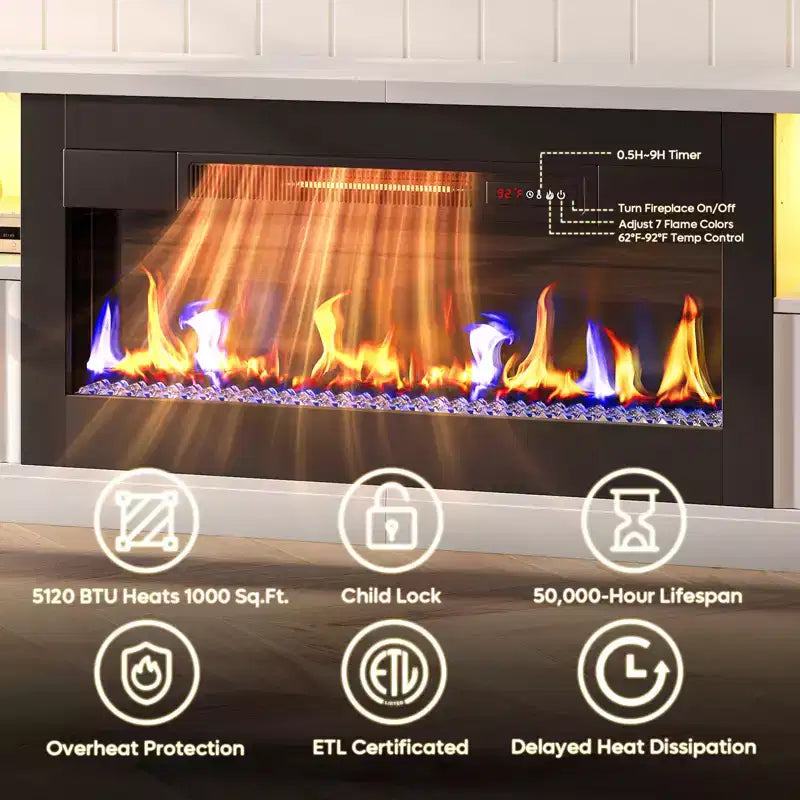Meuble TV Bestier 70 pour cheminée cannelée brillante avec cheminée de 36 po et lumières DEL, centre de divertissement moderne avec armoires