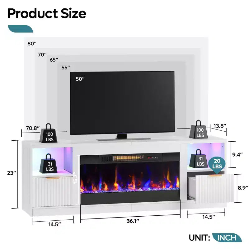 Meuble TV Bestier 70 pour cheminée cannelée brillante avec cheminée de 36 po et lumières DEL, centre de divertissement moderne avec armoires