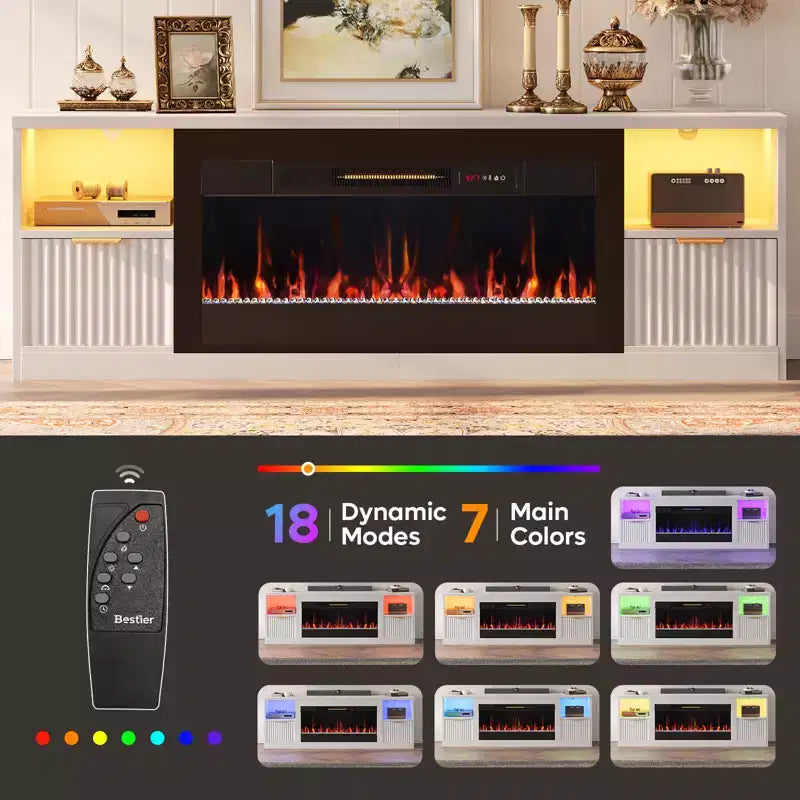 Meuble TV Bestier 70 pour cheminée cannelée brillante avec cheminée de 36 po et lumières DEL, centre de divertissement moderne avec armoires