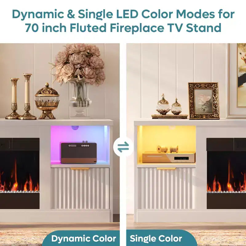 Meuble TV Bestier 70 pour cheminée cannelée brillante avec cheminée de 36 po et lumières DEL, centre de divertissement moderne avec armoires