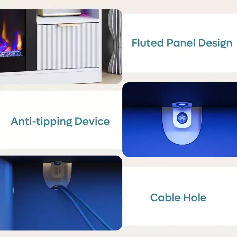 Meuble TV Bestier 70 pour cheminée cannelée brillante avec cheminée de 36 po et lumières DEL, centre de divertissement moderne avec armoires
