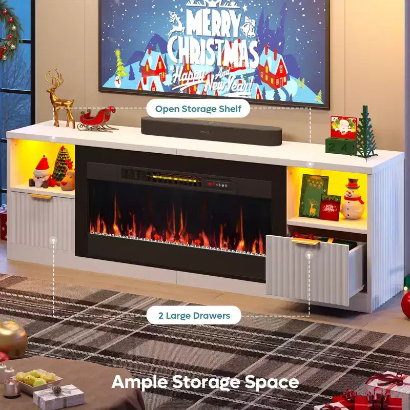 Meuble TV Bestier 70 pour cheminée cannelée brillante avec cheminée de 36 po et lumières DEL, centre de divertissement moderne avec armoires
