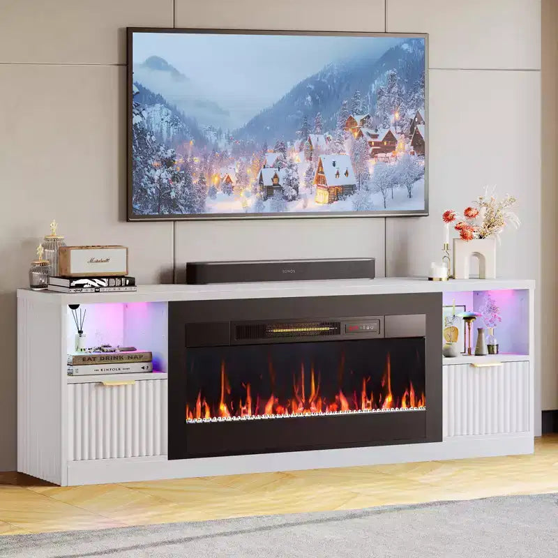 Meuble TV Bestier 70 pour cheminée cannelée brillante avec cheminée de 36 po et lumières DEL, centre de divertissement moderne avec armoires