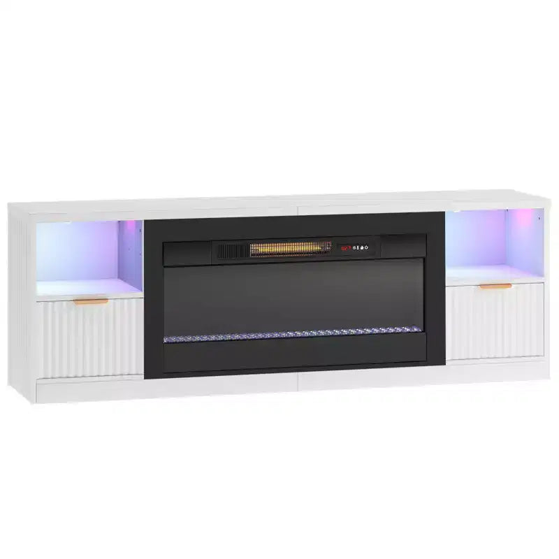 Meuble TV Bestier 70 pour cheminée cannelée brillante avec cheminée de 36 po et lumières DEL, centre de divertissement moderne avec armoires