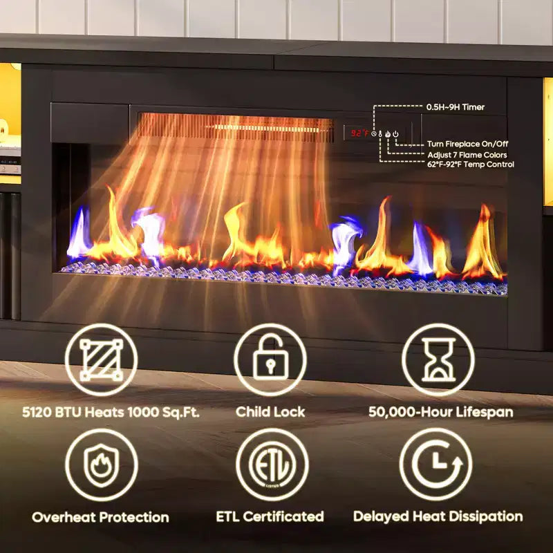 Meuble TV Bestier 70 pour cheminée cannelée brillante avec cheminée de 36 po et lumières DEL, centre de divertissement moderne avec armoires