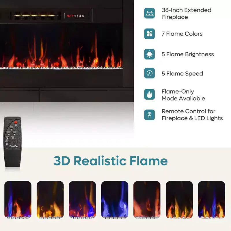 Meuble TV Bestier 70 pour cheminée cannelée brillante avec cheminée de 36 po et lumières DEL, centre de divertissement moderne avec armoires