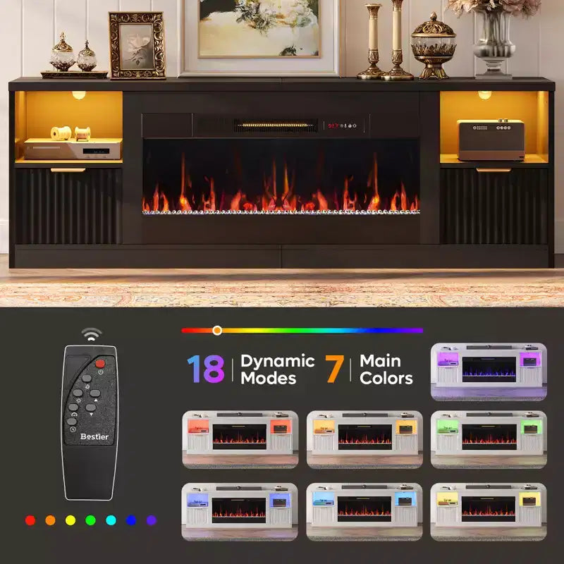 Meuble TV Bestier 70 pour cheminée cannelée brillante avec cheminée de 36 po et lumières DEL, centre de divertissement moderne avec armoires